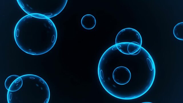 Abstract Blue Neon Bubbles Floating Seamlessly Against Dark Background 3D Animation