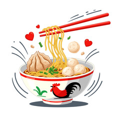 Steaming Bakso Noodle Soup with Meatballs, Wonton, and Bok Choy, Adorned with Hearts