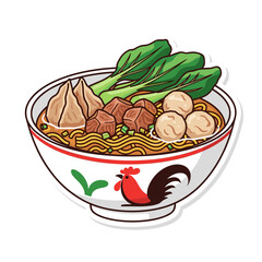 Indonesian Bakso Noodle Soup with Meatballs, Beef Chunks, and Bok Choy, Sticker Style