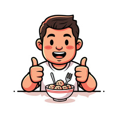 Happy boy enjoying a bowl of bakso meatballs, giving a cheerful thumbs-up gesture, cartoon illustration.