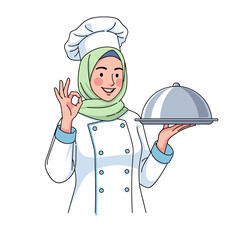 Muslim female chef presenting delicious food on a serving tray with an 'OK' hand gesture, cartoon illustration.