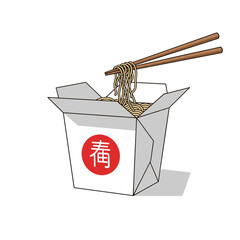 Delicious hot noodles in a classic Chinese takeout box with chopsticks, ready to eat, vector illustration.