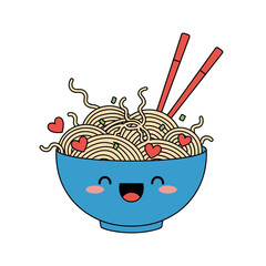 Cute kawaii happy ramen bowl with hearts and chopsticks, fun Asian noodle soup illustration.