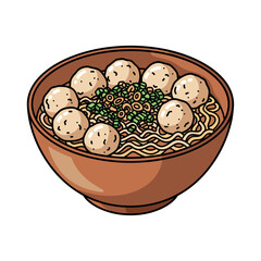 Simple and classic bowl of Bakso, Indonesian meatball and noodle soup, vector illustration.