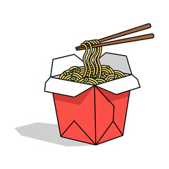Red Chinese takeout box filled with delicious noodles, ready to be enjoyed with chopsticks, vector illustration.