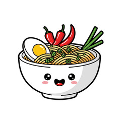 Cute kawaii happy ramen bowl with egg, red chilies, and fresh green onions, a delightful spicy noodle soup.