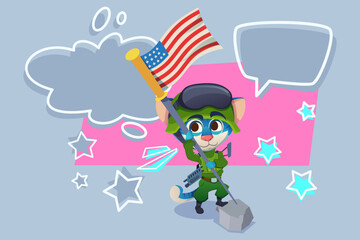 Cartoon character standing firmly while waving American flag. Character wearing green military outfit and helmet, surrounded by colorful shapes and stars in background.