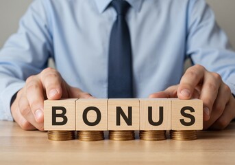Obraz premium Bonus: A close-up shot of a man in formal attire carefully places wooden blocks that spell BONUS on a stack of coins, highlighting financial rewards. 