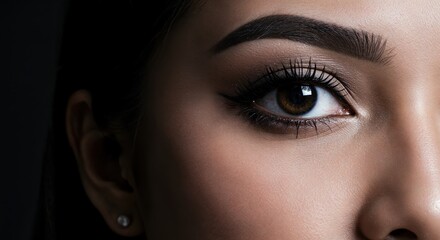 Beauty Gaze: A close-up portrait of a person reveals intricate details, showcasing a captivating eye with meticulously crafted makeup and an elegantly arched eyebrow.
