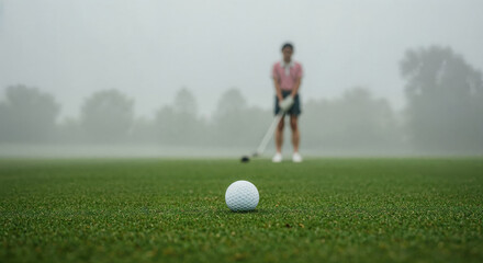 Focusing on the Goal: A dedicated golfer prepares to take a shot on a perfectly manicured green, the ball at the forefront, ready for the decisive moment. Fog enshrouds the background.