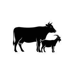 Fototapeta premium Black Silhouette of a Cow and Goat Standing Together Side View