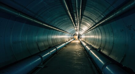 Tunnel Perspective: Journey into a metal tunnel with a clear perspective. Cylindrical pipes enhance the industrial ambiance, complemented by an artificial glow in the distant.