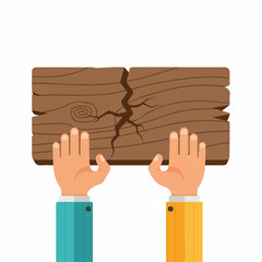 Flat Design Hands Holding a Broken Wood Plank with Prominent Crack and Grain Texture