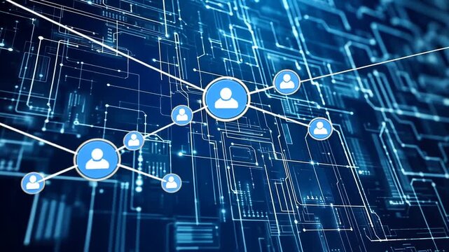 Digital Network Connectivity - People Icons Interconnected on a Circuit Board Background. - Powered by Adobe