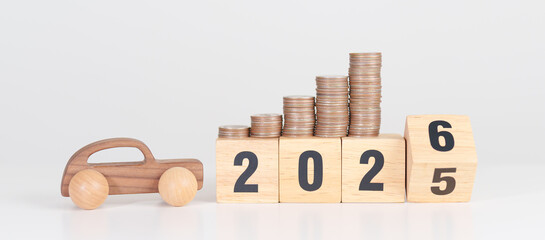 2025 end year to Happy New Year 2026 with car model and Coins Money stack for deposit and...