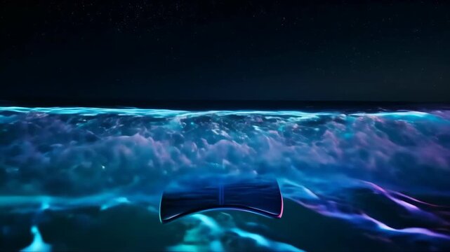 Ride the cosmic waves under a starlit sky with an ethereal surfboard adventure, perfect for dreamy summer nights and a unique ocean experience in vibrant colors
