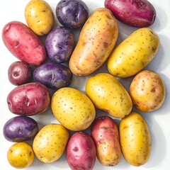 Assortment of colorful potatoes on a white background