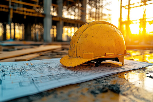 A bright yellow hard hat rests on architectural plans, illuminated by a warm sunset amidst a construction site, symbolizing progress and safety in building.