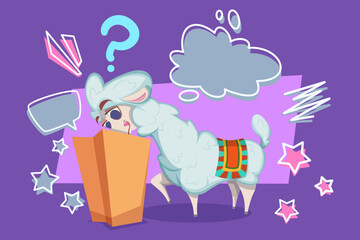 Cartoon llama looking puzzled while interacting with large orange box. Colorful speech bubbles and stars surrounding it, adding fun and playful vibe to scene