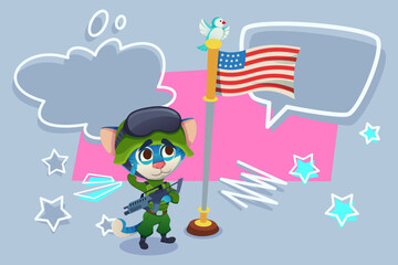 Cartoon cat dressed as soldier standing proudly next to American flag. Small bird sitting on flagpole, adding playful touch to scene with colorful background elements