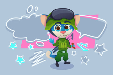 Playful cat character dressed in green army uniform standing confidently with friendly wave. Colorful stars and speech bubbles adding lively backdrop to this fun scene