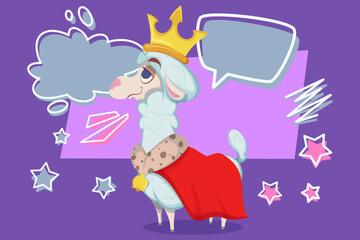 Cute llama standing proudly, wearing crown and a red cape. Confident animal, surrounded by colorful shapes and stars, showing its royal demeanor