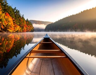 Autumn canoe gliding on a misty lake, vibrant foliage reflects