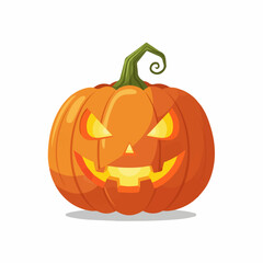 Spooky carved Halloween Jack-o'-lantern with a glowing evil face and a curly green stem.