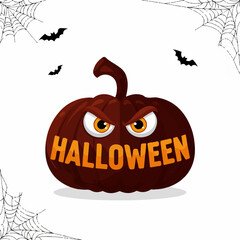 Angry dark brown Halloween pumpkin with glowing orange eyes and carved "HALLOWEEN" text.