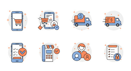 Online Shopping Icons Delivery, Mobile Transactions, Security, and Order Management