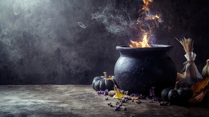 A black cauldron with flames and smoke on a dark, textured background with pumpkins and leaves.