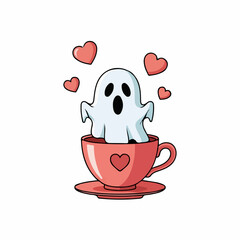 Adorable Ghost in a Teacup with Floating Hearts, Cute Illustration