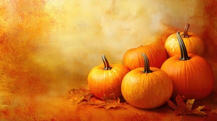 Five pumpkins on a textured background with autumn leaves.