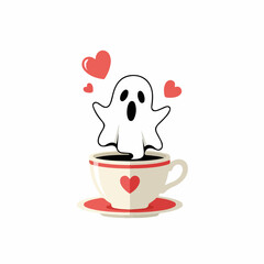 Whimsical white cartoon ghost with black eyes and mouth, rising from a heart-decorated coffee cup and saucer, surrounded by floating red hearts.
