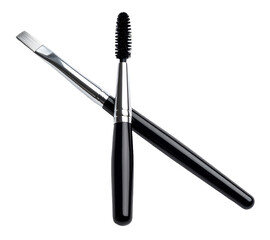 nail and mascara brush with black handle isolated on white background