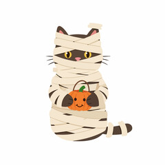 Cute cartoon mummy cat with yellow eyes holding a smiling pumpkin candy basket.