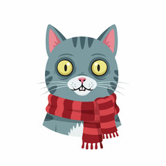 Adorable cartoon grey striped cat head with wide yellow eyes and a warm red striped scarf