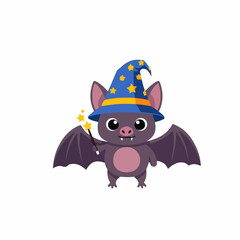 Cute cartoon bat wizard with a magic wand and a starry blue hat.