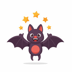 Cute cartoon purple bat with spread wings, smiling, surrounded by yellow stars, Halloween character illustration.