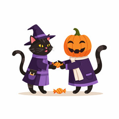 Black cat in witch hat and pumpkin character sharing Halloween candy