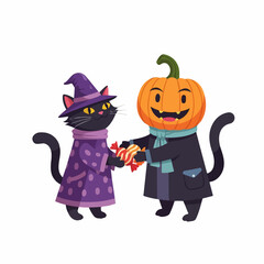 A friendly black cat witch and a pumpkin-headed character happily exchanging Halloween candy.