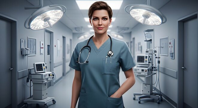 3D doctor character wearing surgical attire, standing confidently in a modern operating room.
- Powered by Adobe