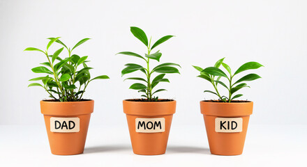 Obraz premium Potted plants labeled Dad, Mom, and Kid representing family relationships 