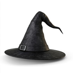 A black witch's hat with a pointed top and a buckle on a png transparent.