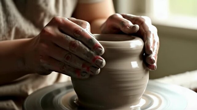 Hands skillfully shaping wet clay on a spinning pottery wheel forming a vase, showcasing artistic creation and craftmanship, perfect for art and design projects