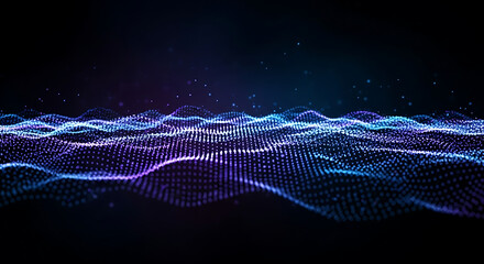 Abstract technology background featuring a flowing wave of luminous blue and purple digital particles on a dark surface