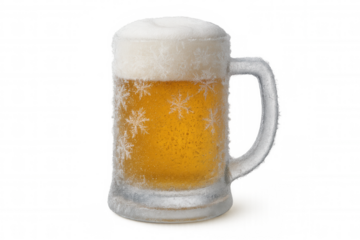 Chilled beer mug with ice frost and snowflakes, refreshing winter alcoholic drink, transparent background