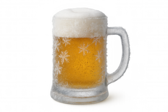 Chilled beer mug with ice frost and snowflakes, refreshing winter alcoholic drink, transparent background