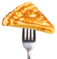 closeup of slice of pancake on fork isolated on white background