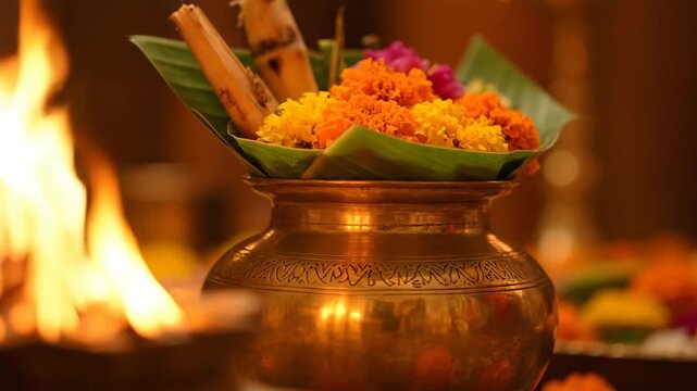 Celebrating Happy Bhogi Festival Traditional Brass Pot with Flowers and Fire Flames at Home
